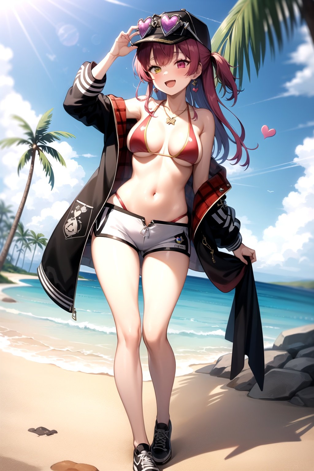 2d, masterpiece, best quality, anime, highly detailed, full body, 1girl, solo, marine_beach, red bikini, white shorts, jewelry, black jacket, baseball cap, heart-shaped eyewear, heterochromia, beach, dynamic pose, :d, island, waves, palm tree, towel <lyco:senchou_unison-10:1>