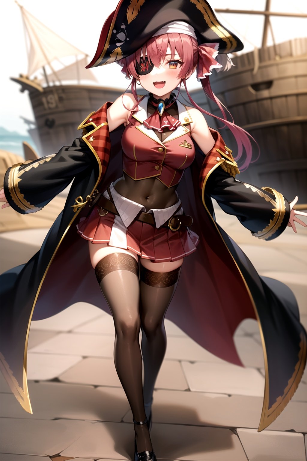 2d, masterpiece, best quality, anime, highly detailed, full body, 1girl, solo, marine_pirate, hair ribbon, red ascot, red skirt, belt, leotard under clothes, sleeveless, thighhighs, black coat, pirate hat, eyepatch, ship, dynamic pose, smile, open mouth <lyco:senchou_unison-10:1>