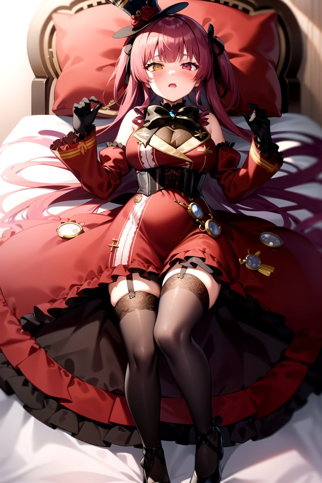 2d, masterpiece, best quality, anime, highly detailed, full body, 1girl, solo, marine_gothic, red dress, frills, detached sleeves, black gloves, corset, black ribbon, black bowtie, white thighhighs, garter straps, top hat, heterochromia, lying, on back, on bed, embarrassed <lyco:senchou_unison-10:1>