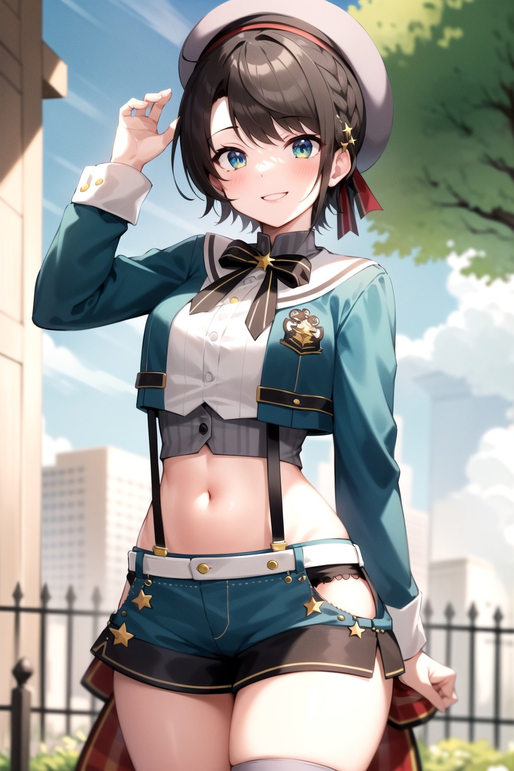 2d, masterpiece, best quality, anime, highly detailed, cowboy shot, 1girl, solo, subaru_suspenders, subaru_suspenders, french braid, blue jacket, grey shirt, black bowtie, star \(symbol\), blue shorts, midriff, grey headwear, grey socks, standing, outdoors, smile <lora:subaru_shuba-06:1>