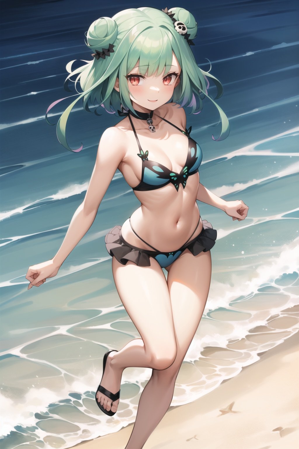 2d, masterpiece, best quality, anime, highly detailed face, highly detailed eyes, highly detailed background, perfect lighting, full body, 1girl, solo, rushia_bikini, green hair, short hair, side buns, blue bikini, frills, butterfly, small breasts, skull hair ornament, standing, dynamic pose, smile, beach, island, waves <lora:rushia-05:1>