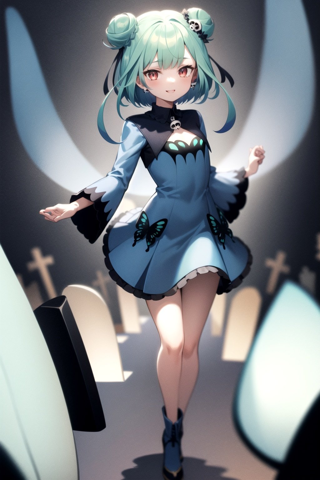 2d, masterpiece, best quality, anime, highly detailed face, highly detailed eyes, highly detailed background, perfect lighting, full body, 1girl, solo, rushia_blue, green hair, short hair, double bun, blue dress, short dress, butterfly, skull hair ornament, standing, dynamic pose, smile, graveyard <lora:rushia-05:1>