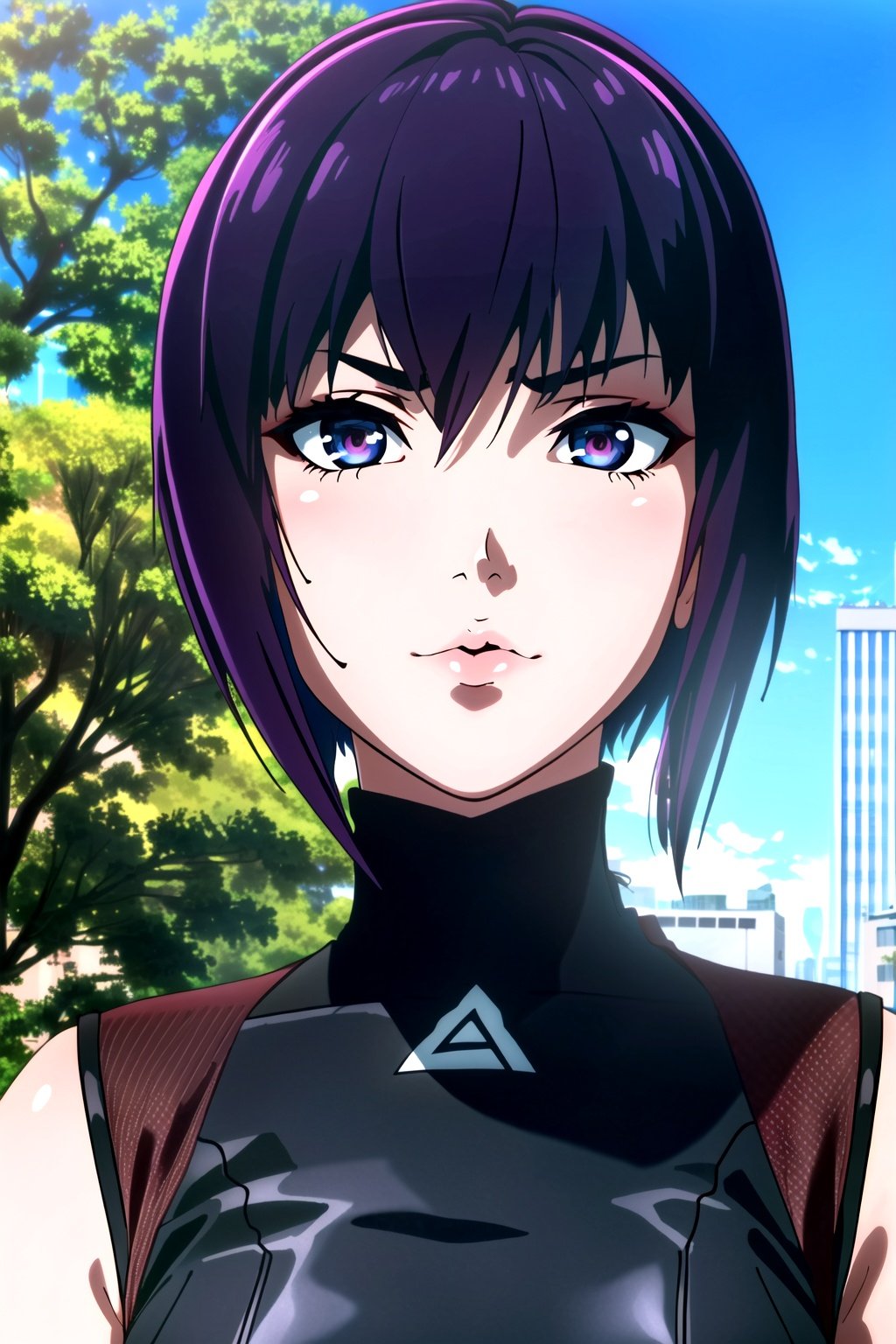 1girl, (masterpiece:1.2), highres, high quality, (perfect face and eyes:1.5), (textured skin:1.2), black gloves, black jacket, black leotard, motoko_kusanagi,, solo, breasts, short hair,  medium breasts, purple hair, open clothes, fingerless gloves, lips, science fiction, cyberpunk, <lora:motoko_kusanagi2045-08:0.8> , city, street, looking at viewer, dynamic pose