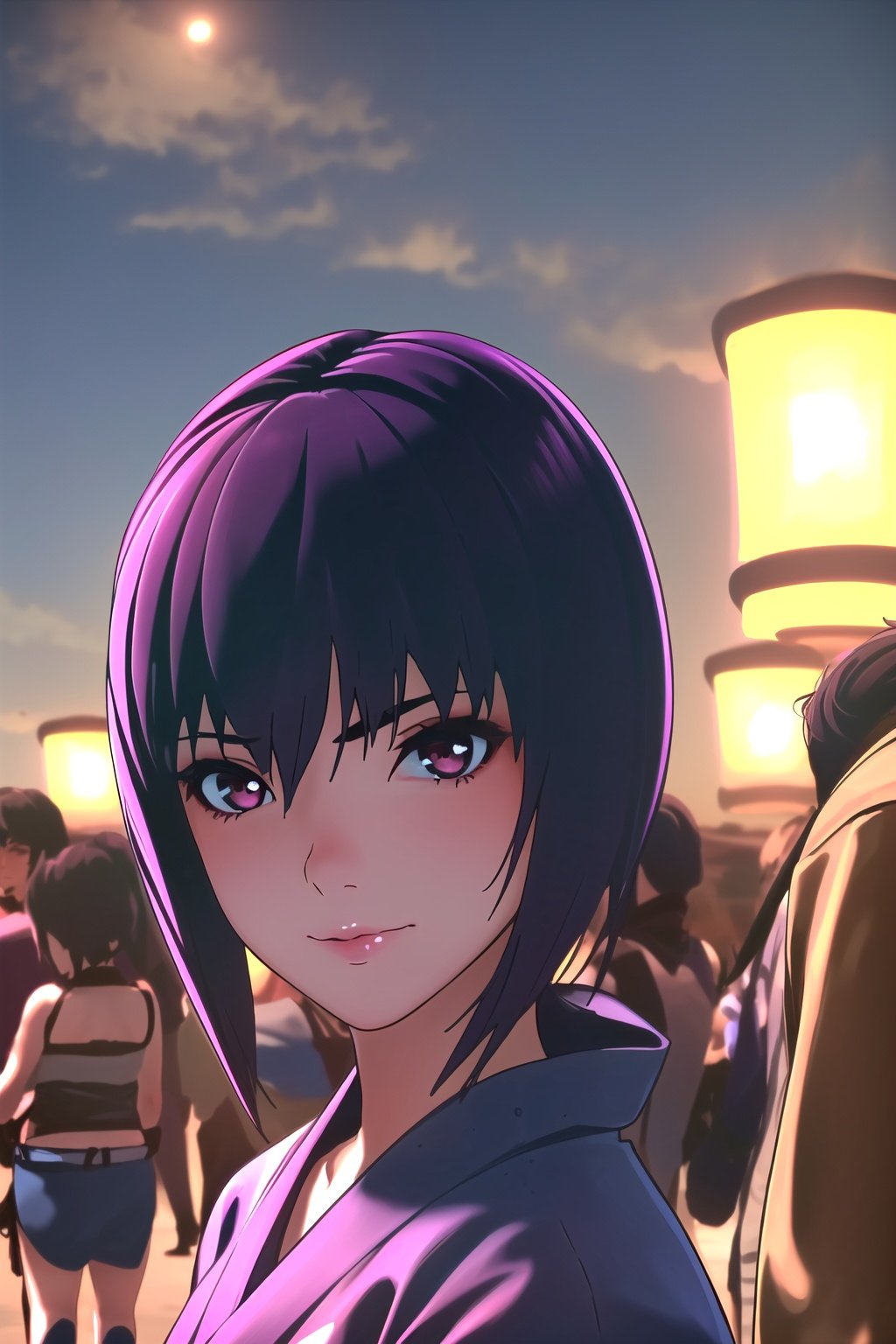 1girl, (masterpiece:1.2), highres, high quality, (perfect face and eyes:1.3), (textured skin:1.2), (pixiv), motoko_kusanagi, (solo), short hair,  medium breasts, purple hair, lips, science fiction, cyberpunk, <lora:motoko_kusanagi2045-08:0.8> , outdoors, summer festival, night,  (yukata:1.3), (pink yukata:1.5), looking at viewer, (sensual pose:1.2), smile