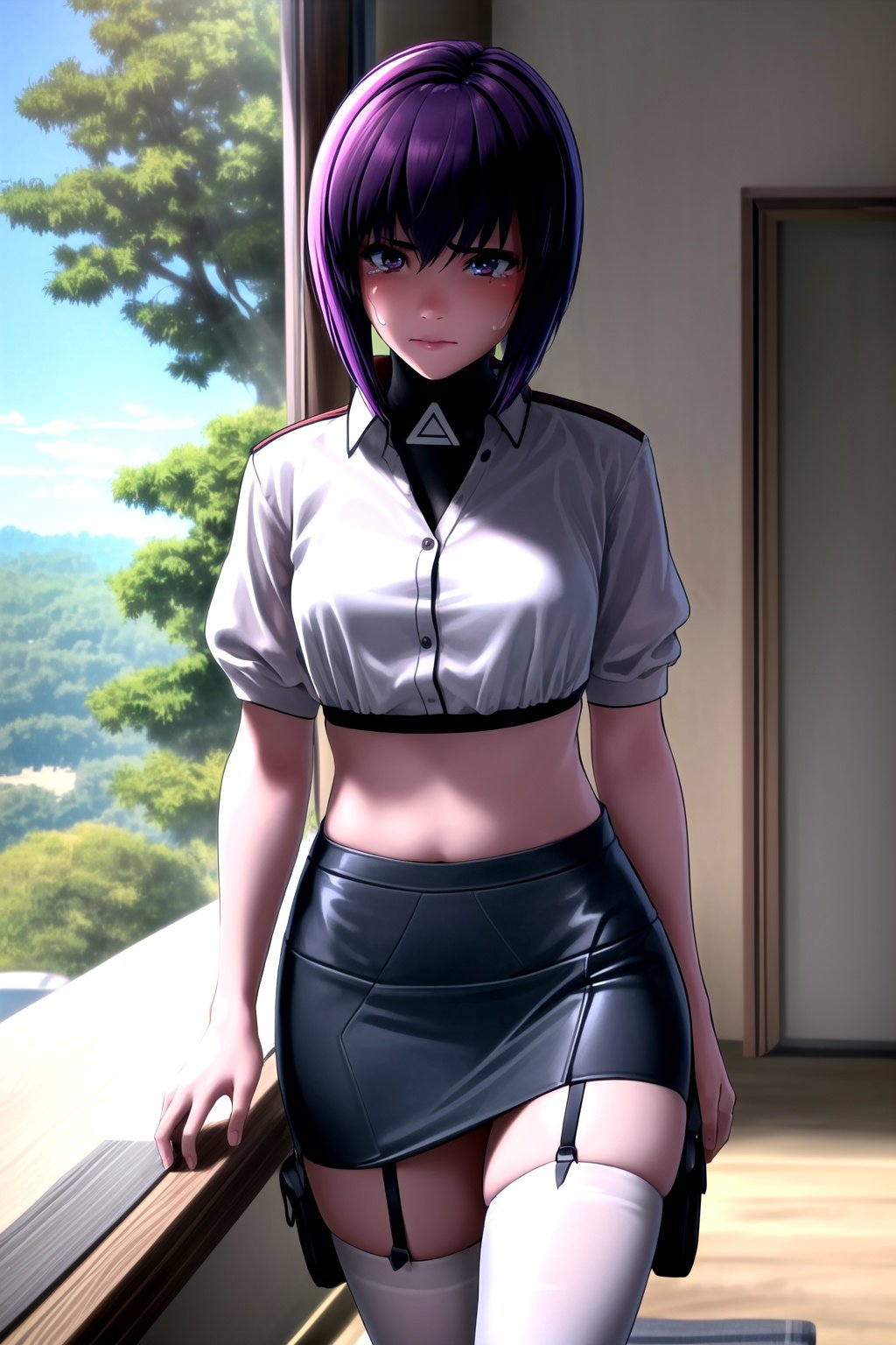 1girl, (masterpiece:1.2), highres, high quality, (perfect face and eyes:1.3), (textured skin:1.2), (pixiv), motoko_kusanagi, (solo), short hair,  medium breasts, purple hair, lips, science fiction, cyberpunk, <lora:motoko_kusanagi2045-08:0.8> , (white shirt:1.3), (pencil skirt:1.3), room, (colored thighhighs:1.2), (garter straps), (tears:1.3), <lora:more_details:0.5> 