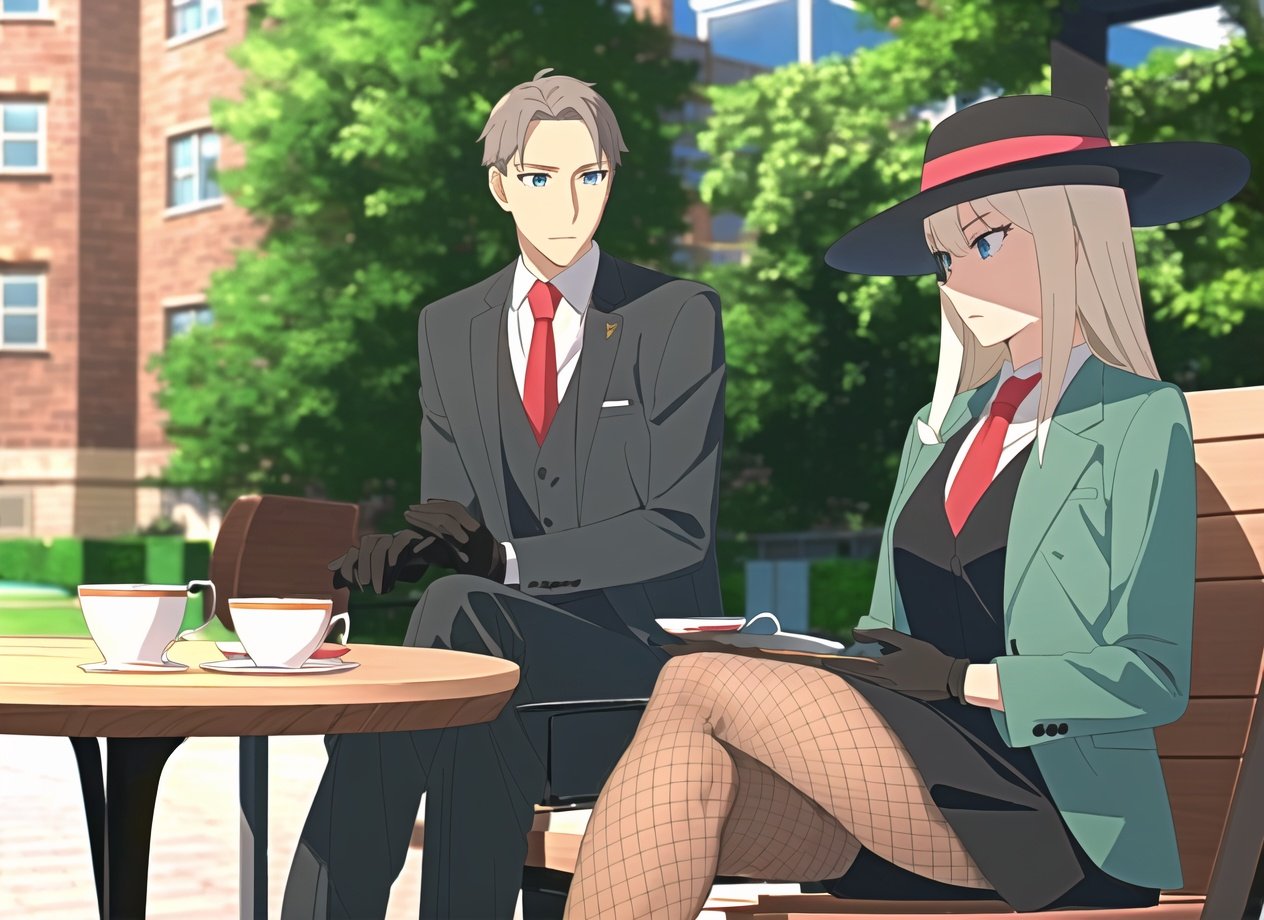 spy x family style, multiple people, 1girl, hat, 1boy, cup, gloves, black gloves, teacup, sitting, formal, long hair, necktie, suit, plant, table, chair, brown hair, fishnets, black headwear, fedora, green jacket, pantyhose, outdoors, own hands together, grey hair, crossed legs, blue eyes, red necktie, day, holding cup, jacket, (masterpiece) <lora:spy_x_family_style_offset:1>