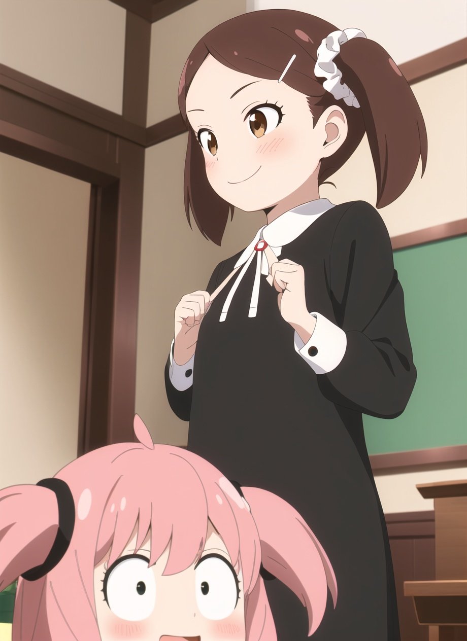 spy x family style, multiple girls, 2girls, female child, school uniform, pink hair, hair ornament, twintails, parody, meme, child, smile, brown hair, brown eyes, scrunchie, hairclip, shirt, indoors, dress, bangs, upper body, style parody, black dress, short twintails, closed mouth, hair scrunchie, hairpods, short hair, cosplay, ((masterpiece))<lora:spy_x_family_style_offset:1>