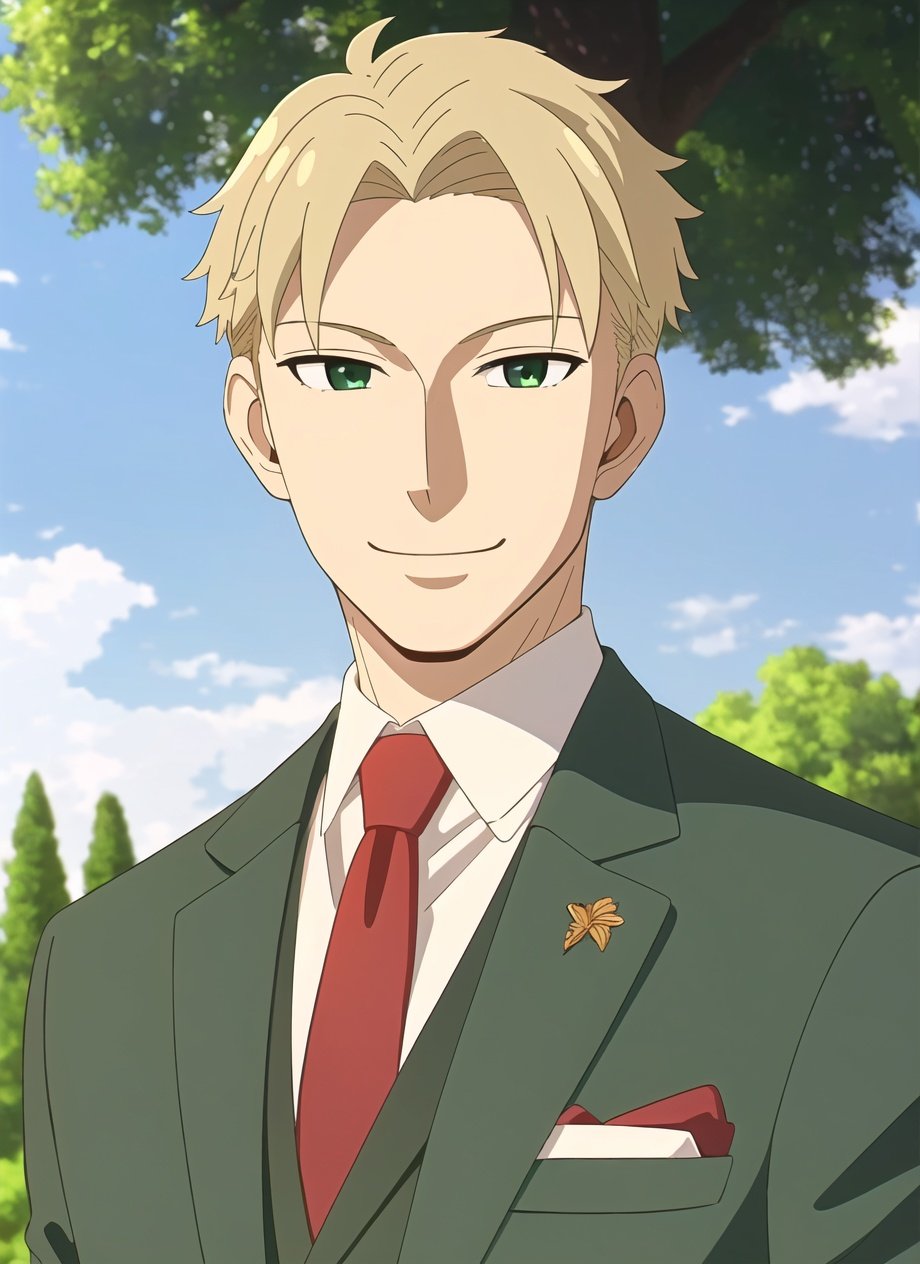 spy x family style, 1boy, male focus, solo, necktie, looking at viewer, blonde hair, formal, suit, official style, smile, red necktie, outdoors, short hair, parody, green jacket, tree, anime coloring, ((masterpiece))<lora:spy_x_family_style_offset:1>