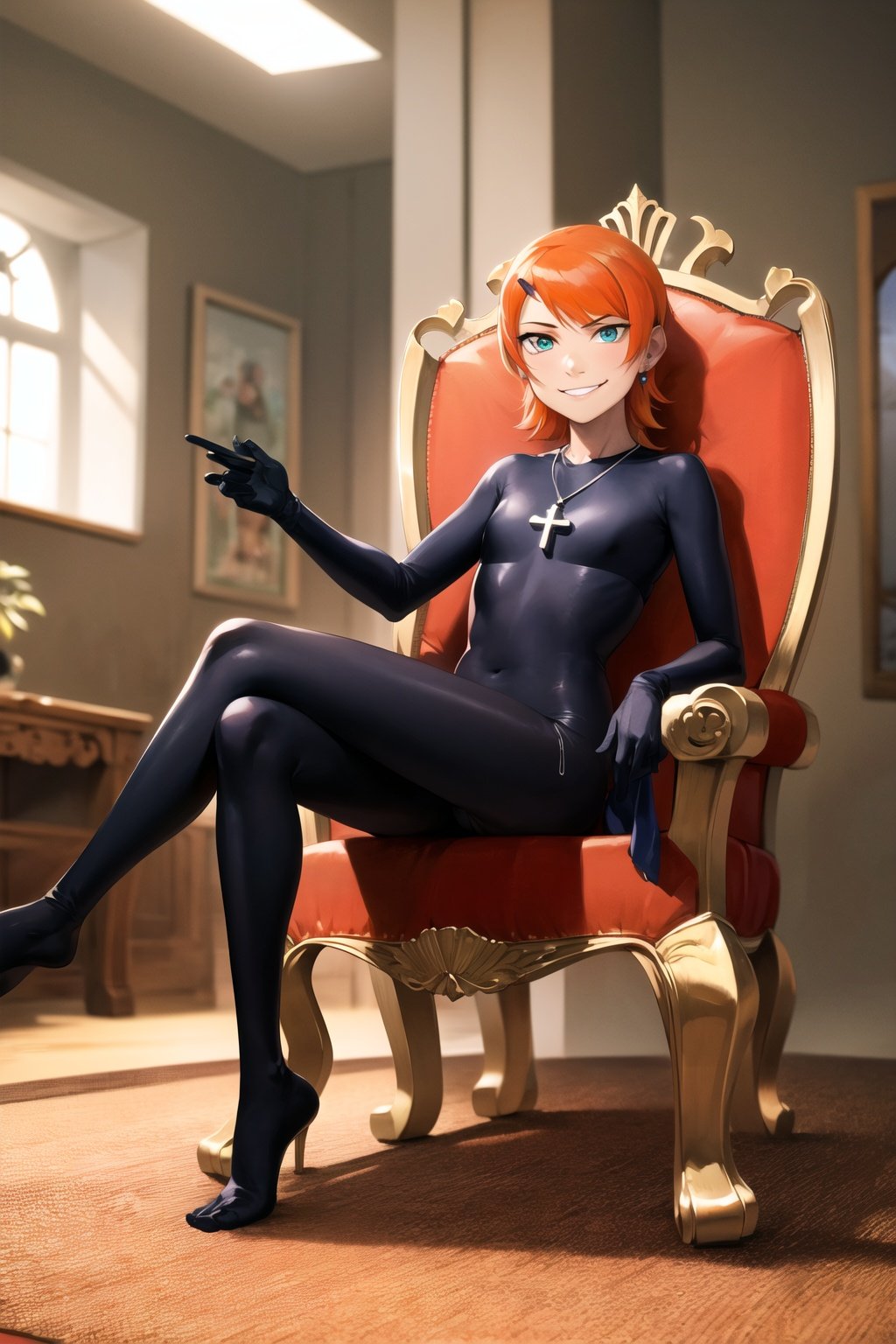 masterpiece, best quality, highres, Gwendolyn_Tennyson, 1girl, solo, smirk, mask, necklace, bodysuit, gloves, ((undressing)), orange_hair , <lora:GwenLuckyGirl-15:1>, sitting, evil smile, throne, indoors, crossed legs,