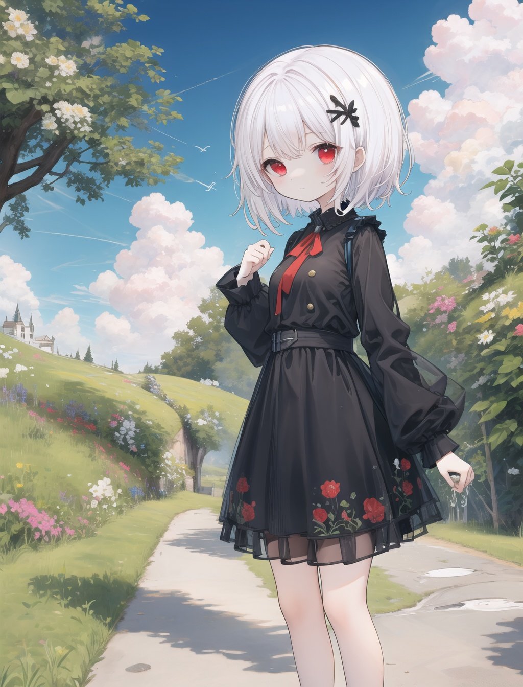 masterpiece, best quality,rc,standing,,white hair,red eyes,short hair,,shiny,outdoors，<lora:881:1:1,0,0,0,1,1,1,1,1,1,1,1,0,0,0,0,0>