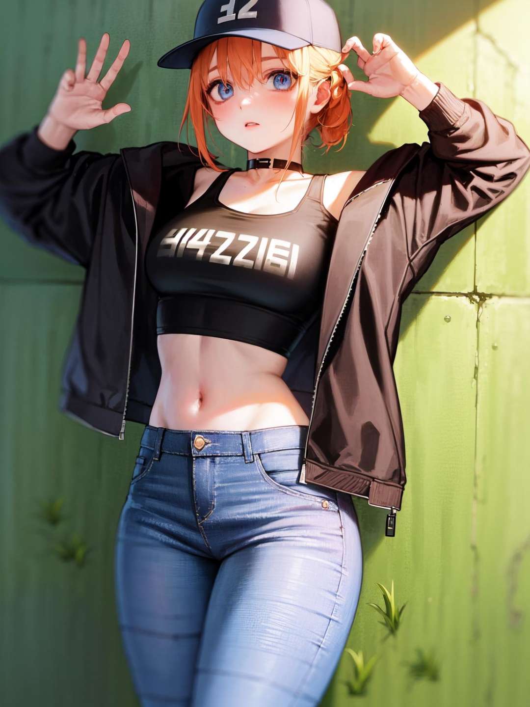 <lora:Yotsuba:1>,nakano_yotsuba,outdoors, grass, wall, graffiti(ultra-detailed:1.3), 8k, masterpiece world theater, textured skin, ambient light, realistic shadows, beautiful detailed eyes,1girl (solo:1.3),  crop top, choker, torn jeans, cap, leaning against wall, sneakers, cropped jacket,  on object, contrapostocowboy shot, 