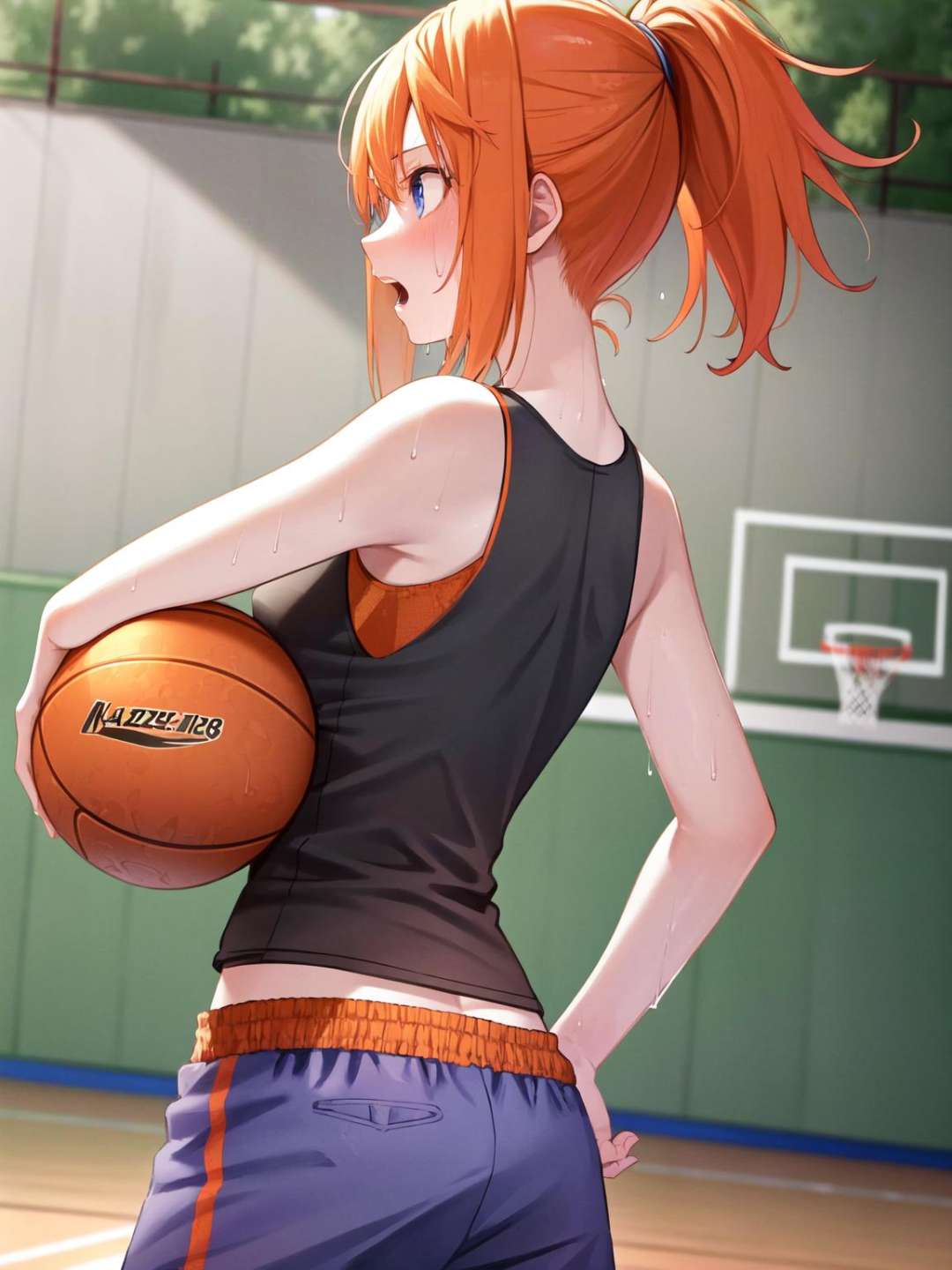 <lora:Yotsuba:1>,nakano_yotsuba,outdoors, basketball court,ultra-detailed 8k, masterpiece world theater, textured skin, ambient light, realistic shadows,1girl (solo:1.3), sports bra, high ponytail, shorts, (sweat:0.9), breathing out, concentration, hands on hip, orange hair, holding, heavy breathing, open mouth , short hair,cowboy shot, from behind