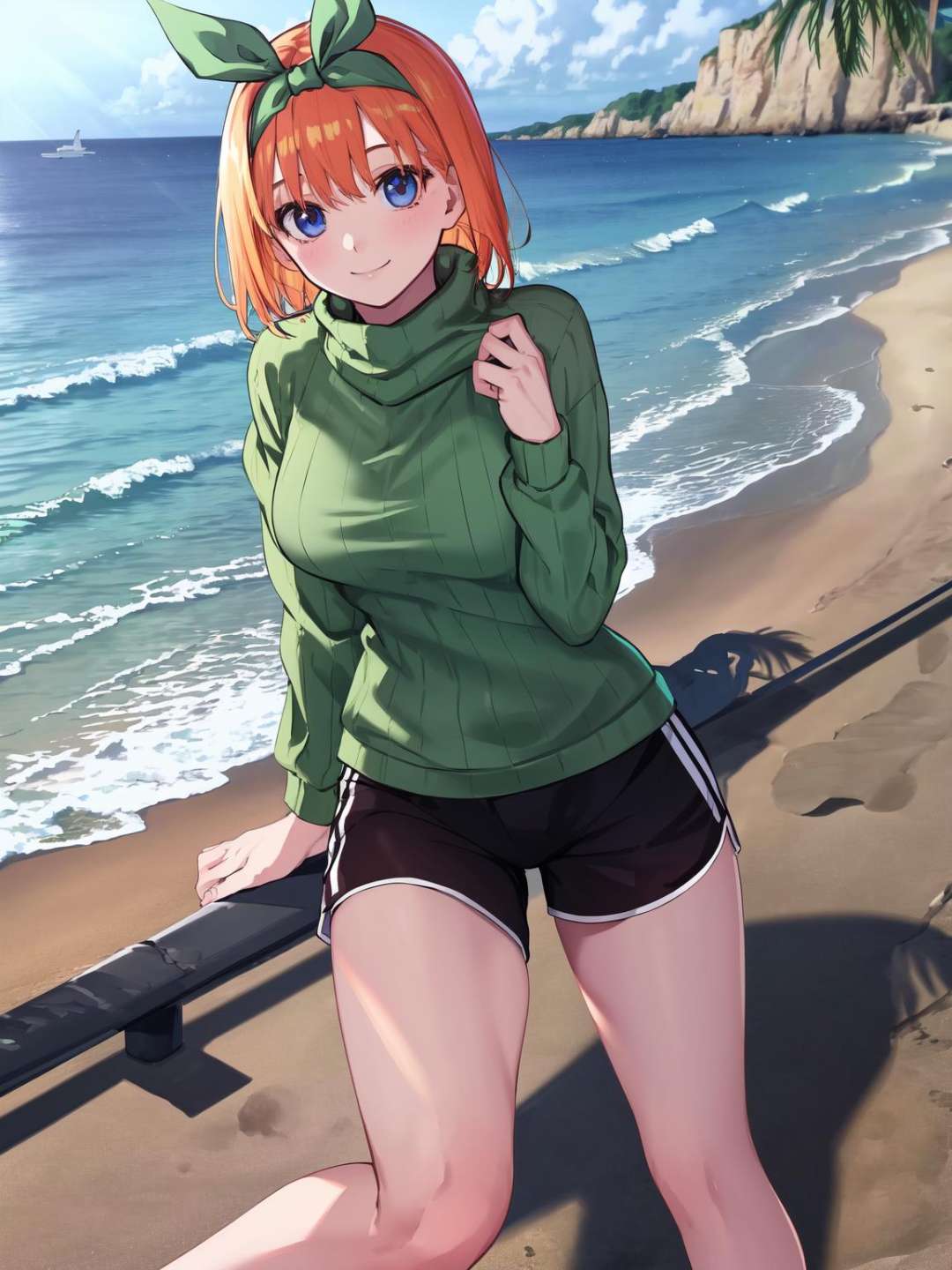 <lora:Yotsuba:1>, nakano_yotsuba,outdoors, beach, oceanultra-detailed 8k, masterpiece world theater, textured skin, ambient light, realistic shadows, beautiful detailed eyes,1girl (solo:1.3),  ribbed sweater, gym shorts, bare legs, bare foot, hair ribbon, light smilecowboy shot,  looking at viewer