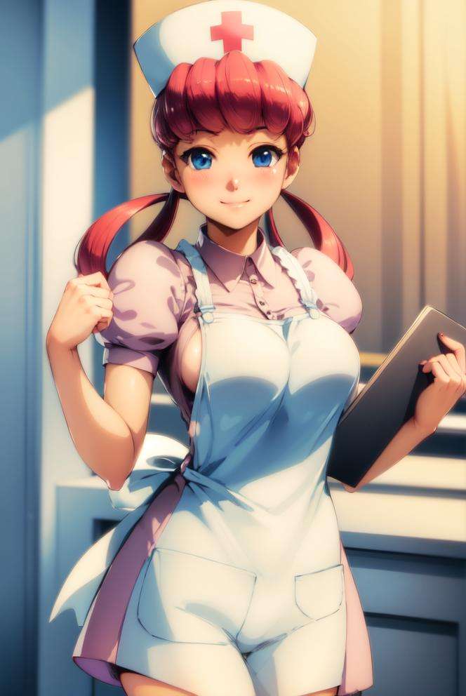 (masterpiece, best quality:1.2), nurse joy, pokemon, blue eyes, closed mouth, long hair, pink hair, short sleeves, nurse, blush, holding, puffy short sleeves, large breasts, puffy sleeves,  nurse cap, 1girl, looking at viewer, smile, solo, hat, dress, apron, hair rings, (realistic:1.2), clipboard <lora:JOY-10:0.8> 