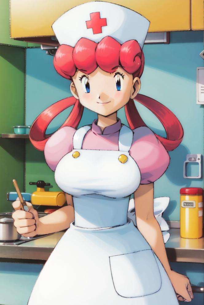 (masterpiece, best quality:1.2), nurse joy, pokemon, blue eyes, closed mouth, long hair, pink hair, short sleeves, nurse, blush, holding, puffy short sleeves, large breasts, puffy sleeves,  nurse cap, 1girl, looking at viewer, smile, solo, hat, dress, apron, hair rings, clipboard <lora:JOY-10:0.8> <lora:kenSugimori1990sClassic_v12:0.8>