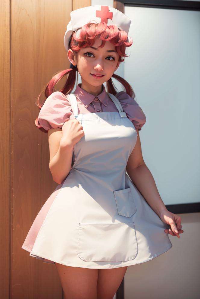 (masterpiece, best quality:1.2), nurse joy, pokemon, blue eyes, closed mouth, long hair, pink hair, short sleeves, nurse, blush, holding, puffy short sleeves, large breasts, puffy sleeves,  nurse cap, 1girl, looking at viewer, smile, solo, hat, dress, apron, hair rings, clipboard <lora:JOY-10:0.8> 