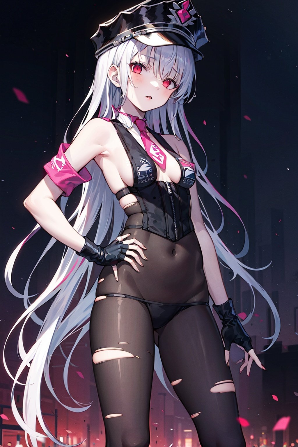 outdoors,cyberpunk,1girl, loli, small breasts, white hair, red eyes, standing,very long hair, hand on hip, outfit-sess,bodystocking, torn bodystocking, police hat, pink necktie,  fingerless gloves, armband,outfit-sess