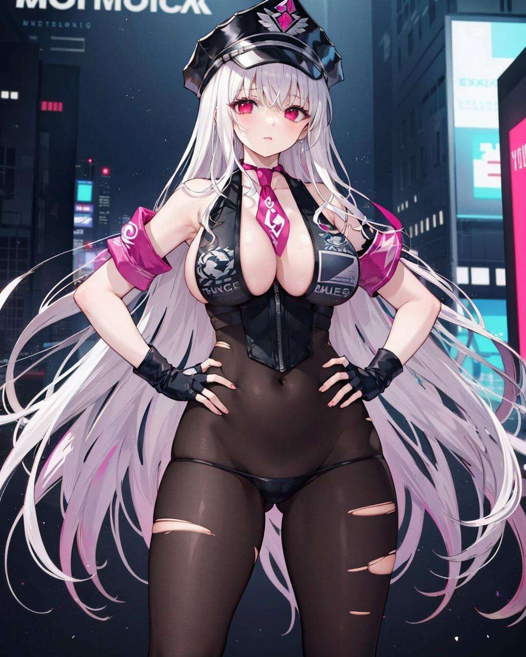 outdoors,cyberpunk,1girl, huge breasts, white hair, red eyes, standing,very long hair, hand on hip, outfit-sess,bodystocking, torn bodystocking, police hat, pink necktie,  fingerless gloves, armband, <lora:OutfitSessBodystocking:1>