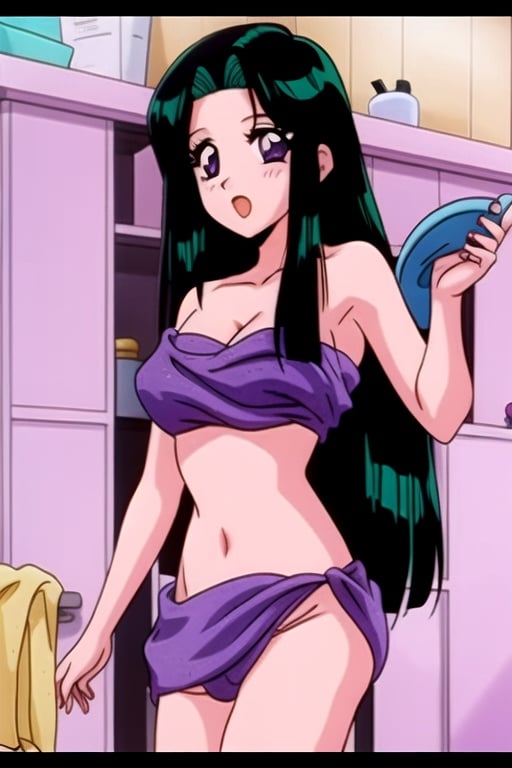 ((1girl)),(ritsuko_nube),long hair, purple eyes,<lora:ritsuko_nube-000016:0.8>, towel bikini, bathroom,