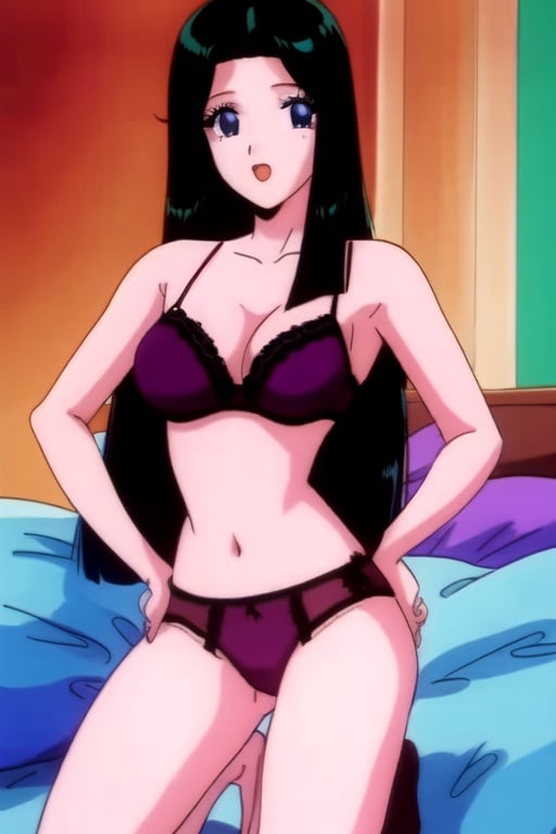 ritsuko_nube,long hair, purple eyes, BREAK lingerie, BREAK looking at viewer, BREAK ,bed, fullbody , BREAK , (masterpiece:1.2), best quality, high resolution, unity 8k wallpaper, (illustration:0.8), (beautiful detailed eyes:1.6), extremely detailed face, perfect lighting, extremely detailed CG, (perfect hands, perfect anatomy), sexy motel background, <lora:ritsuko_nube-000016:1>