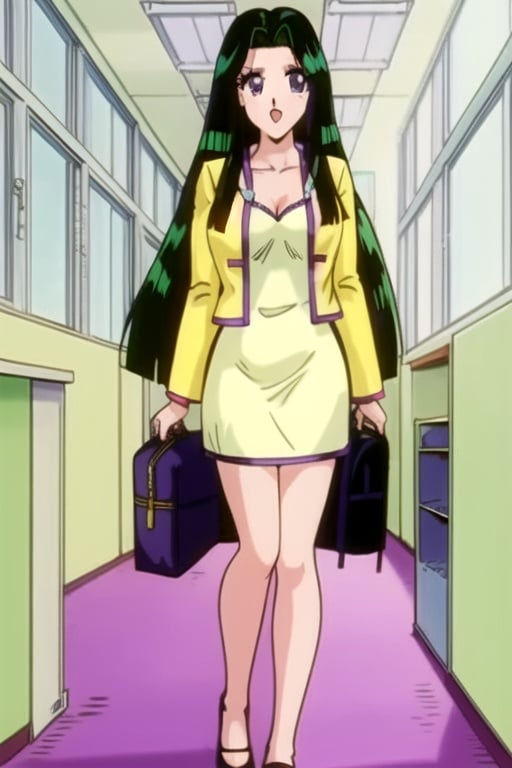 1girl.(ritsuko_nube),long hair, purple eyes,<lora:ritsuko_nube-000016:0.8>,yellow jacket, yellow dress,neckline,open jacket,heels,on school