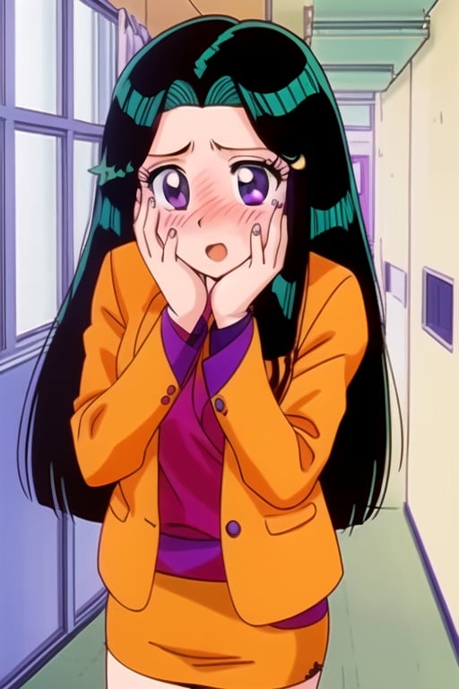 1girl.(ritsuko_nube),long hair, purple eyes,<lora:ritsuko_nube-000016:0.8>,long orange jacket, red blouse,open jacket,embarrassed, hands on face, orange skirt,background school hallways