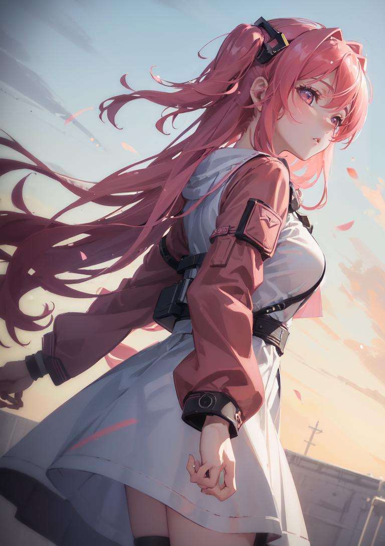 1girl, mature, (Raleigh scattering:1.6) , sky,  look toward sky,  (anime girl:1.4), exploring , walking, pink eyes,(no pupils:1.3),(empty eyes:1.3), cave ,(solo:1.4),(medium breasts:1.1)//, , Aerial Shot, Helicopter Shot, Three-Quarter Turn Camera Staging, From Side, From Behind, Looking Away From Viewer,