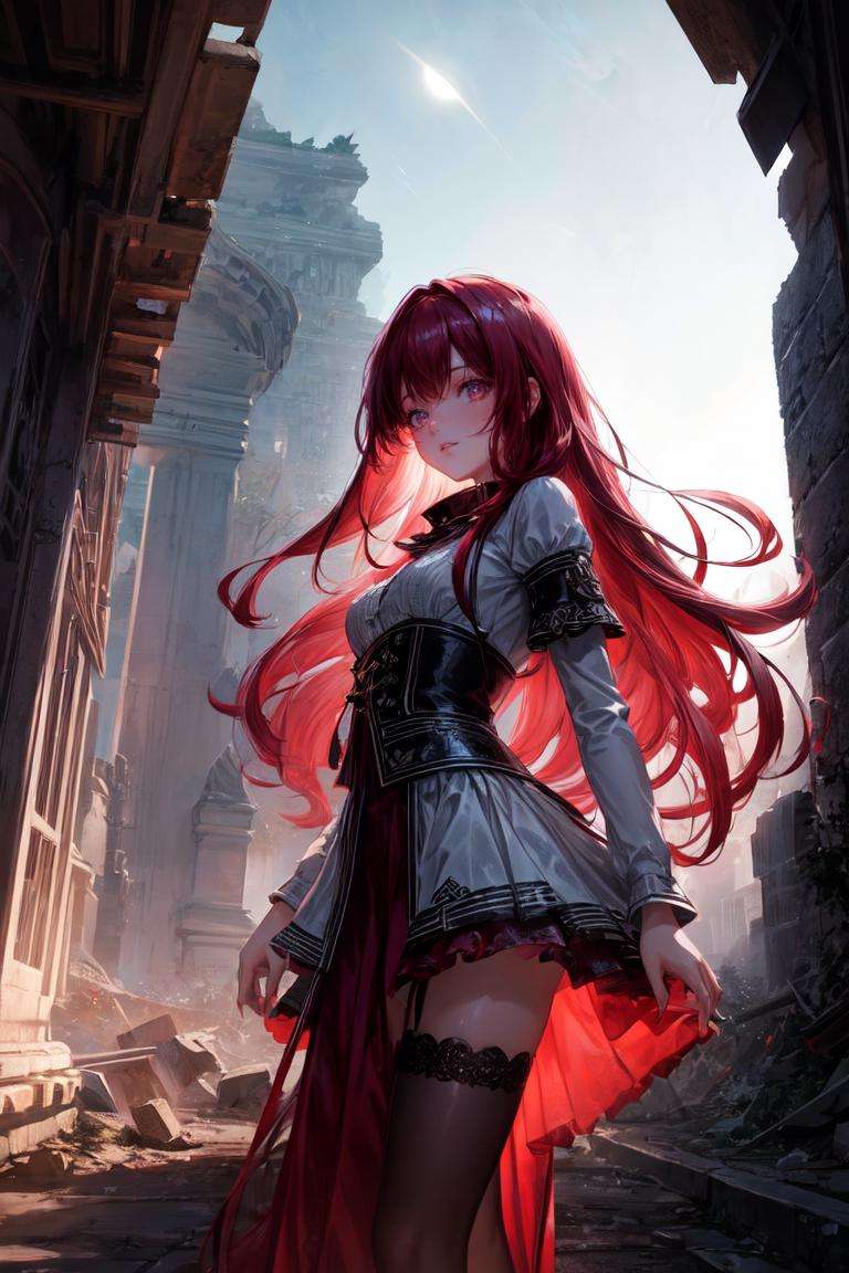 1girl, mature, long scarlet hair, night, ruins, night sky, moon,((random camera shoot1.4)),(random body pose:1.4),<lora:add_detail:1>girl traveling around  abandoned ruins,volumetric lighting, dynamic lighting, dynamic composition, reflection, caustics, subsurface scattering, (masterpiece, best quality, ultra-detailed, best shadow), high contrast, (best illumination, an extremely delicate and beautiful), ((cinematic light)), colorful, hyper detail, dramatic light, intricate details, stunning gradient colors, no watermark signature,(detailed background),(ultra detailed), (best shadow:1.1)+++++,(high contrast)+++,(best illumination)+++,