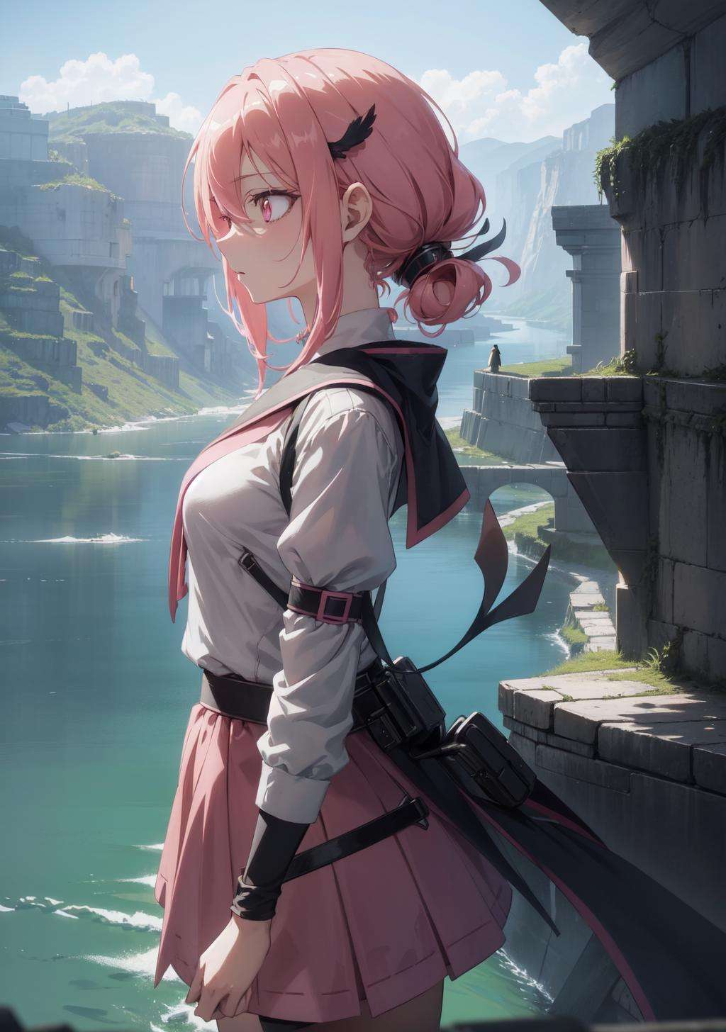 1girl, mature, (anime girl:1.4), exploring , walking,  dungeon, lake,  pink eyes,(no pupils:1.3),(empty eyes:1.3), cave ,(solo:1.4),(medium breasts:1.1)//, , Birds Eye Shot, Overhead Shot, Profile Camera Staging, From Side, Looking Right, , , Birds Eye Shot, Overhead Shot, Profile Camera Staging, From Side, Looking Right, 