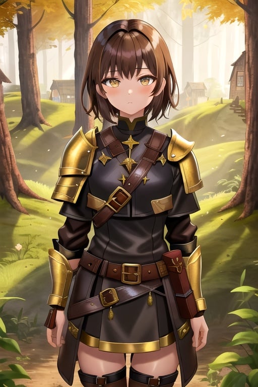 brown_hair, dark_hair, golden_eyes, 1girl, fantasy, village, short_hair, portrait, poor, forest, simple_clothes, dirty_clothing, tomboy, confident, leather_armor, gambeson, adventurer, shoulder_pads, scenery