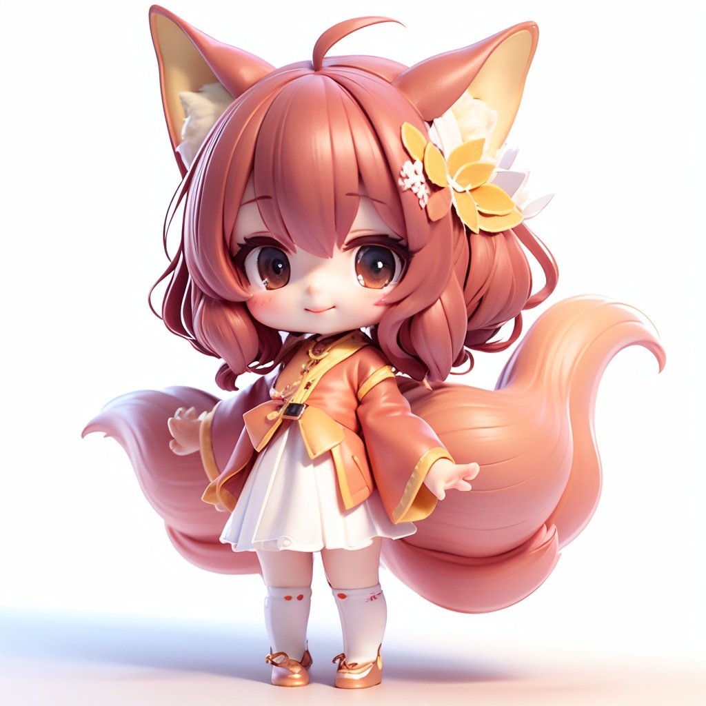 Masterpiece, whole body :1.2, 1 girl, Chabi, cute, smile, blush, short hair, bangs, Fox Ears headdress, Fox Tail, Pink dress, Brown hair, (Beautiful Detail Face), (Beautiful Detail Eye), White Background, best quality, super Detail<lora:blindbox_v1_mix:1>, 3D