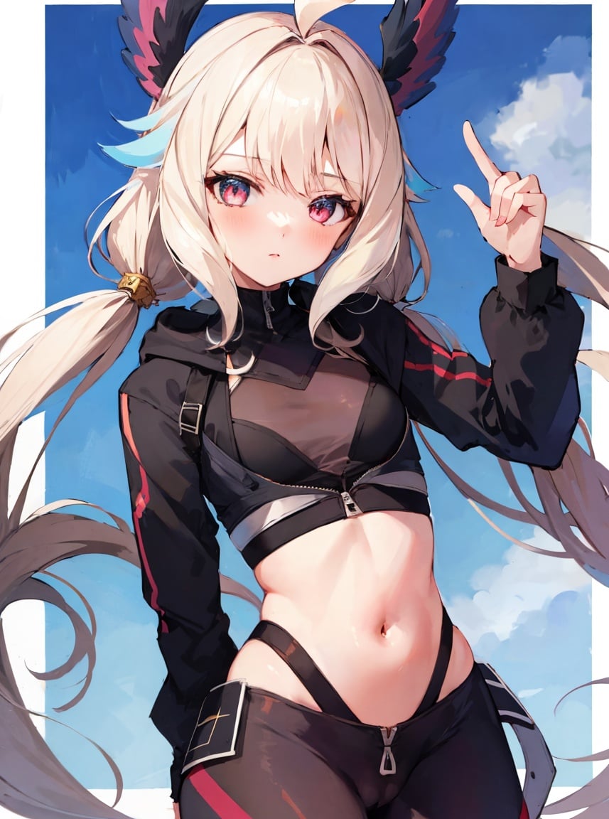 masterpiece, detailed, high quality, (absurdres), high sharpness, high resolution, enna, 1girl, solo, twintails, blush, (small breasts), curvy, wide hips, navel, stomach, (cameltoe), bodysuit, (lace trim:1.3),  hoodie, partially unzipped, hand in pocket, 