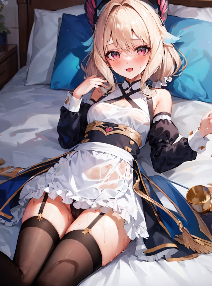 masterpiece, detailed, high quality, (absurdres), high sharpness, high resolution, enna, 1girl, solo, twintails, blush, (small breasts), happy, curvy, wide hips, cameltoe, maid, maid headdress, (on stomach), detached sleeves, thighhighs, on bed, pillow, (wet:1.3, sweat:1.3, lotion:1.3, suggestive fluid:1.3), hands up, 