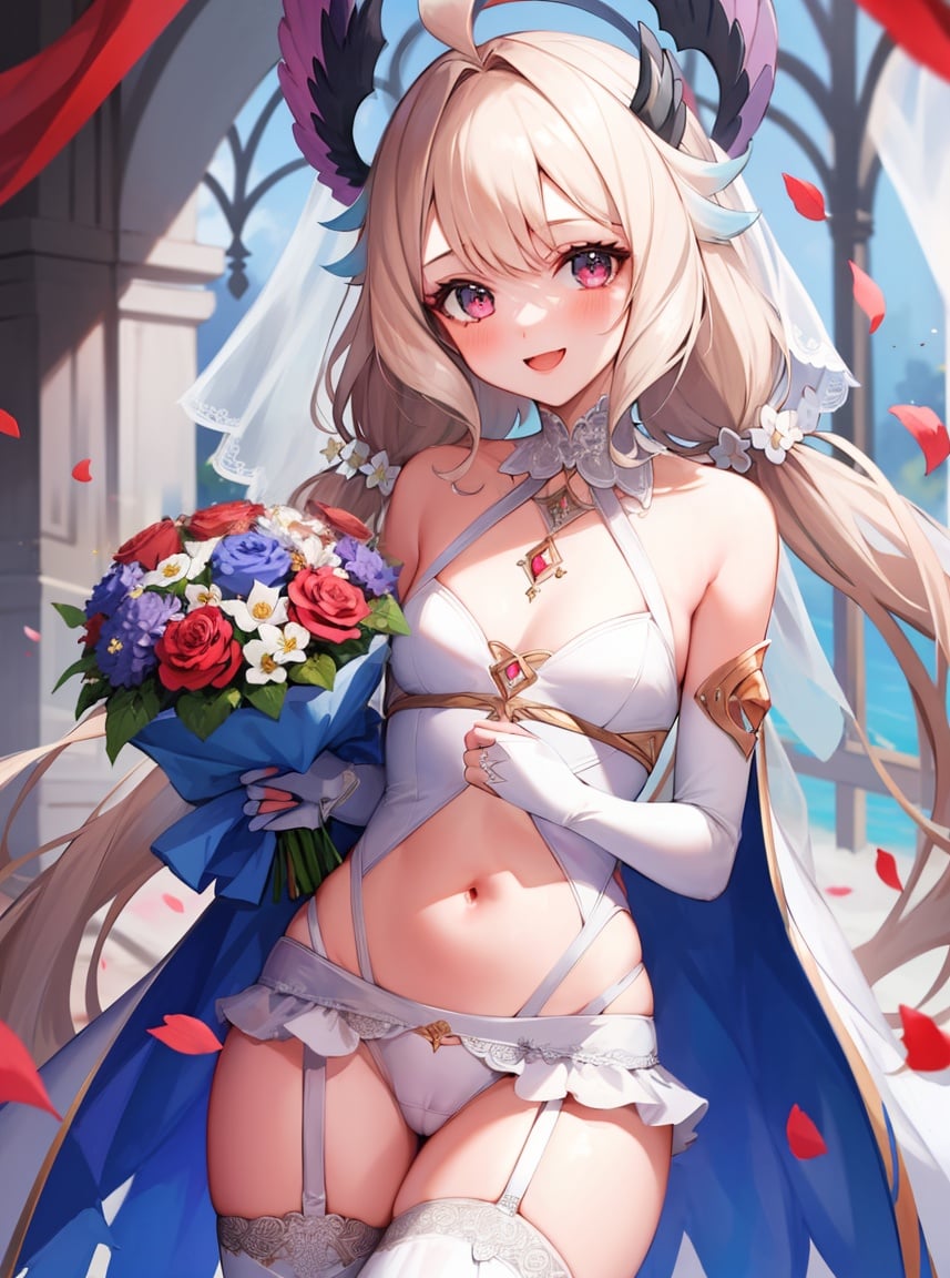 masterpiece, detailed, high quality, (absurdres), high sharpness, high resolution, enna, 1girl, solo, twintails, blush, (small breasts), happy, curvy, wide hips, navel, stomach, cameltoe, wedding dress, bridal veil, wedding, bridal gauntlets, bridal garter, bouquet, rose, flower, petals, 