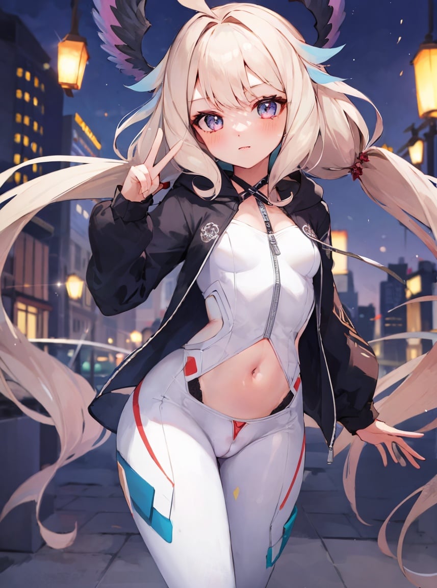 masterpiece, detailed, high quality, (absurdres), high sharpness, high resolution, enna, 1girl, solo, twintails, blush, (small breasts), curvy, wide hips, navel, stomach, (cameltoe), bodysuit, (lace trim:1.3),  hoodie, partially unzipped, (v), night, city, 