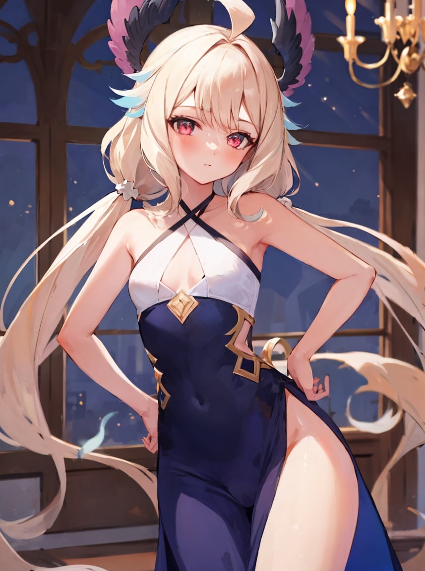 masterpiece, detailed, high quality, (absurdres), high sharpness, high resolution, enna, 1girl, solo, twintails, blush, (small breasts), curvy, wide hips, cameltoe, long dress, criss-cross halter, side slit, hand on hip, window, chandelier,