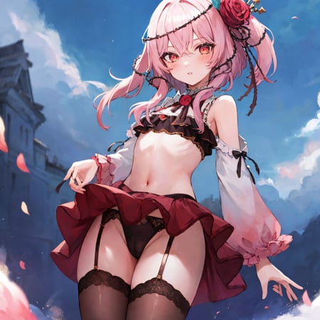 masterpiece, detailed, high quality, (absurdres), high sharpness, high resolution, rosemi, 1girl, solo, parted lips, blush, small breasts, curvy, wide hips, groin, cameltoe, frills, (bikini), detached sleeves, thighhighs, garter straps, garter belt, cowboy shot,