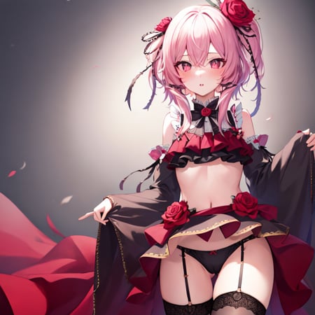 masterpiece, detailed, high quality, (absurdres), high sharpness, high resolution, rosemi, 1girl, solo, parted lips, blush, small breasts, curvy, wide hips, groin, cameltoe, frills, (bikini), detached sleeves, thighhighs, garter straps, garter belt, cowboy shot,