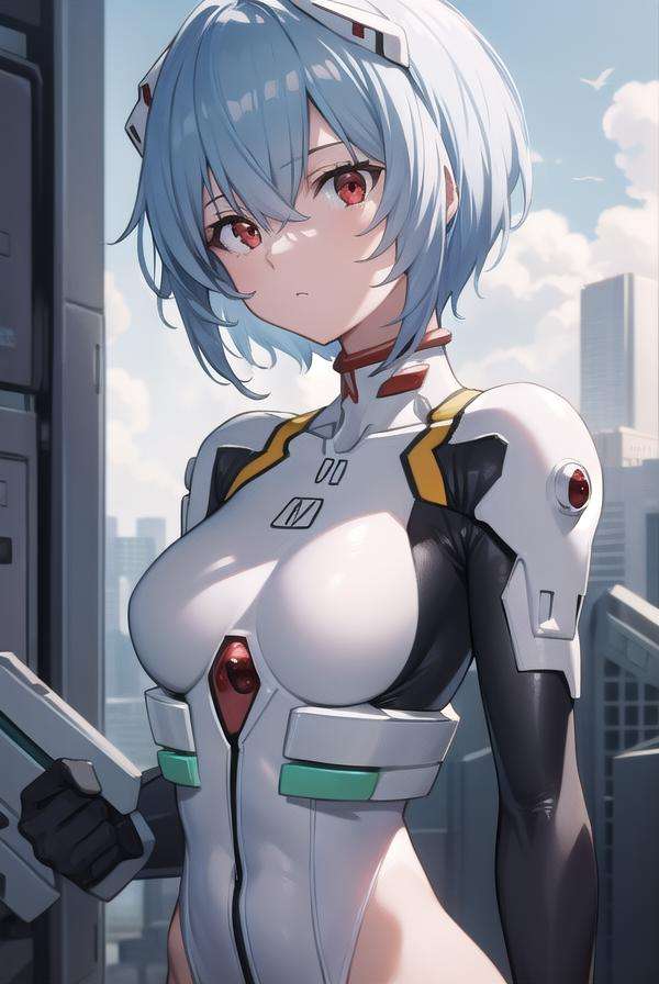 reiayanami, <lora:reiayanamitest:1>, rei ayanami, blue hair, short hair, (red eyes:1.5),BREAK bodysuit, headgear, plugsuit, white bodysuit,BREAK outdoors, city,BREAK looking at viewer, BREAK <lora:GoodHands-vanilla:1>, (masterpiece:1.2), best quality, high resolution, unity 8k wallpaper, (illustration:0.8), (beautiful detailed eyes:1.6), extremely detailed face, perfect lighting, extremely detailed CG, (perfect hands, perfect anatomy),