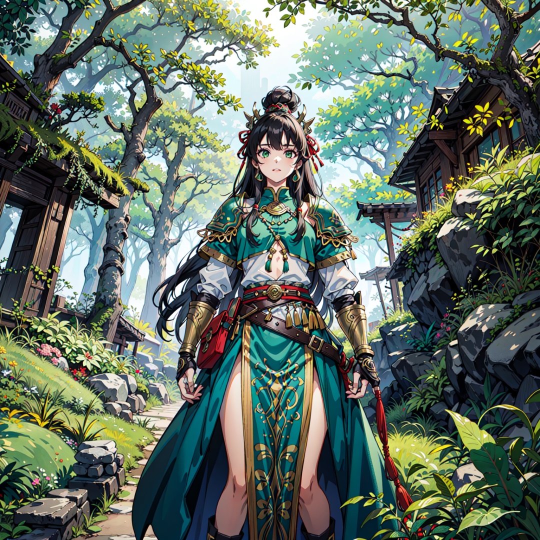 1girl, aztec, aztec temple, green mossy armor, ornate mossy armor, overgrown, jungle scenery