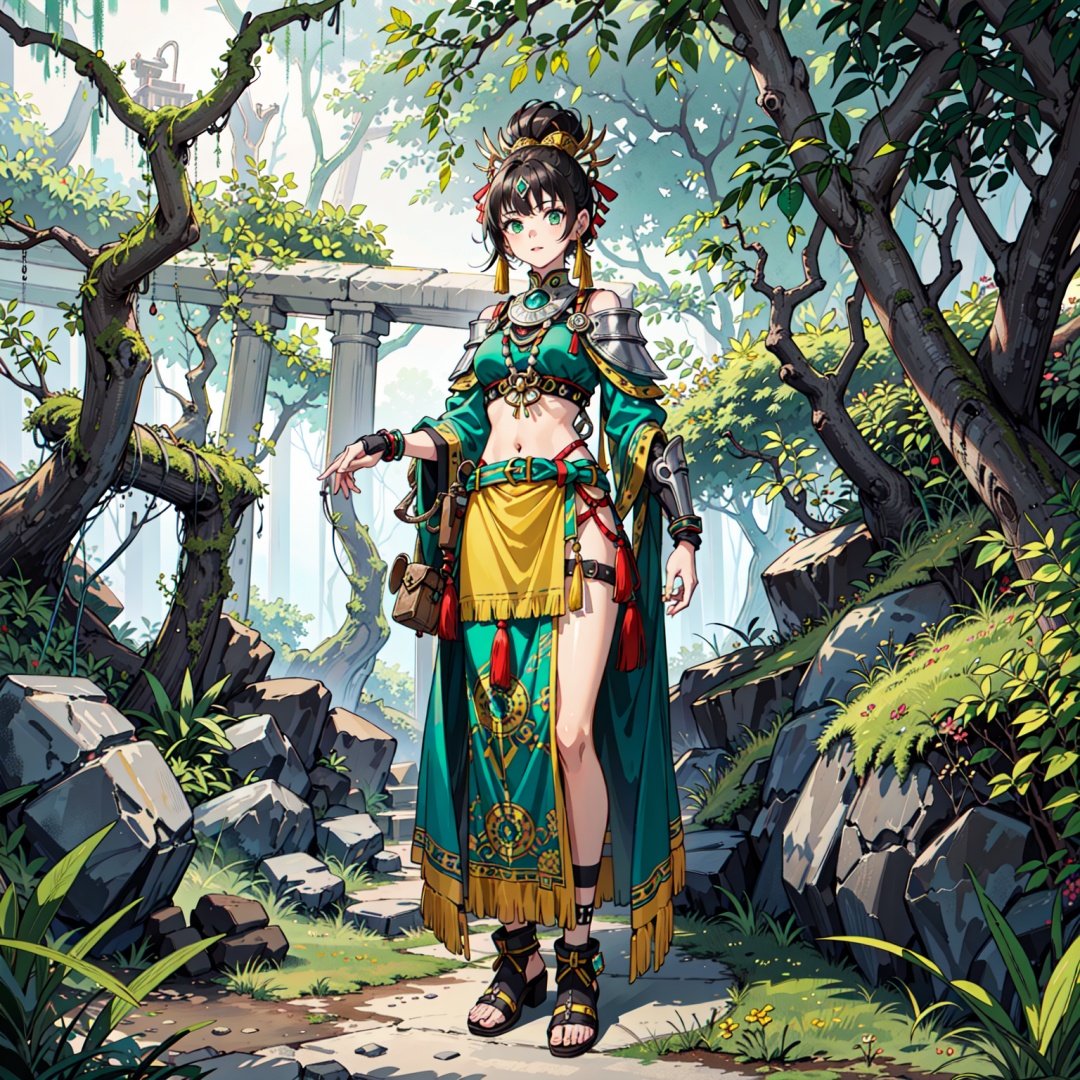 1girl, standing, full body, aztec, aztec temple, green mossy armor, ornate mossy armor, overgrown, jungle scenery