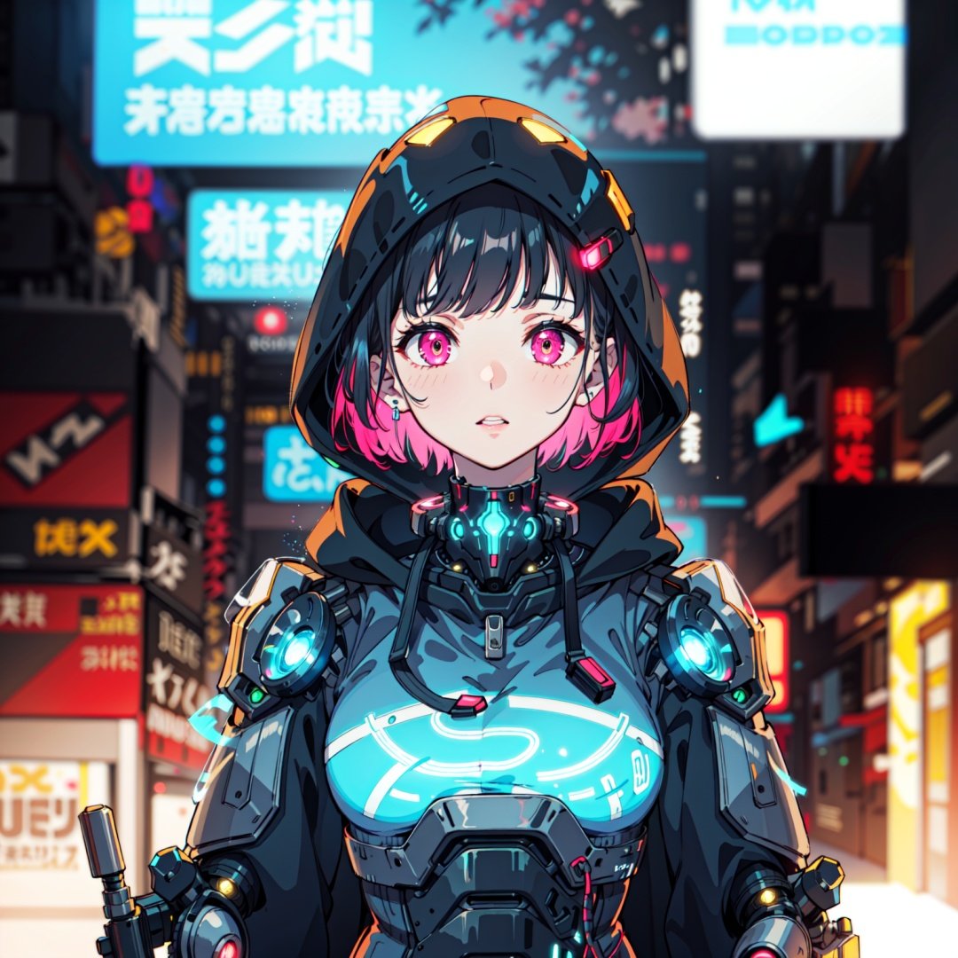 1girl, cyborg, mechanical armor, (glowing neon body:1.5 ), neon signs, colored lighting, reflection, colored reflection, multiple light sources, bobcut, hoodie, (depth of field, blurry foreground, blurry background:1.2), upper body cyberpunk scenery, (multilayered, complex layering)