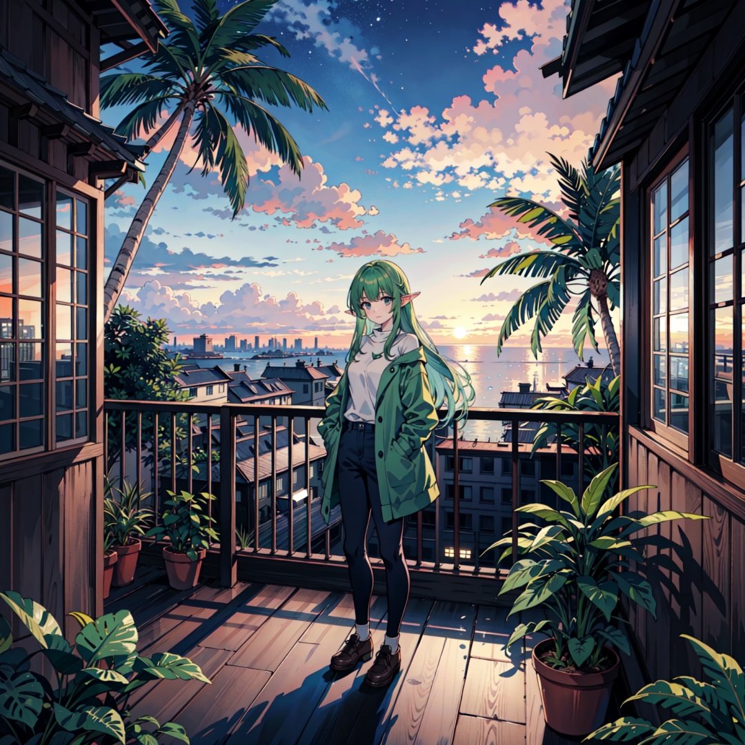1girl, elf, standing, looking at viewer, night sky, colorful sunset, clouds, cloudy, coconut tree, foliage, potted plants, treehouse, balcony, green hair, long hair