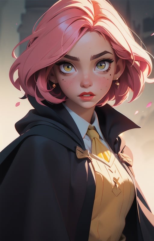 1girl, short pink hair,(mole next to lip:1),(eyebrow scar:1),(hufflepuff House Cloak),( inner cloak yellow:1), (outer cloack black:1),yellow eyes, looking at viewer, solo, upper body,(masterpiece:1.4),(best quality:1.4),red lips,parted lips, hogwarts castle:1,dramatic shadows,extremely_beautiful_detailed_anime_face_and_eyes,an extremely delicate and beautiful,dynamic angle, cinematic camera, dynamic pose,depth of field,chromatic aberration,backlighting,Watercolor, Ink, epic, candystyle,
