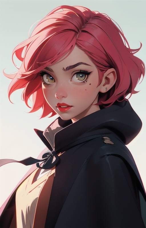 1girl, short pink hair,(mole next to lip:1),(hufflepuff House Cloak),( inner cloak yellow:1), (outer cloack black:1),yellow eyes, looking at viewer, solo, upper body,(masterpiece:1.4),(best quality:1.4),red lips,parted lips, hogwarts castle:1,dramatic shadows,extremely_beautiful_detailed_anime_face_and_eyes,an extremely delicate and beautiful,dynamic angle, cinematic camera, dynamic pose,depth of field,chromatic aberration,backlighting,Watercolor, Ink, epic, candystyle,