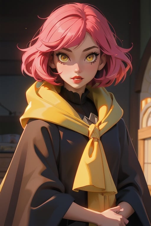 1girl, short pink hair,hufflepuff House Cloak, inner cloak yellow, outer cloack black,yellow eyes, looking at viewer, solo, upper body,(masterpiece:1.4),(best quality:1.4),red lips,parted lips,anime