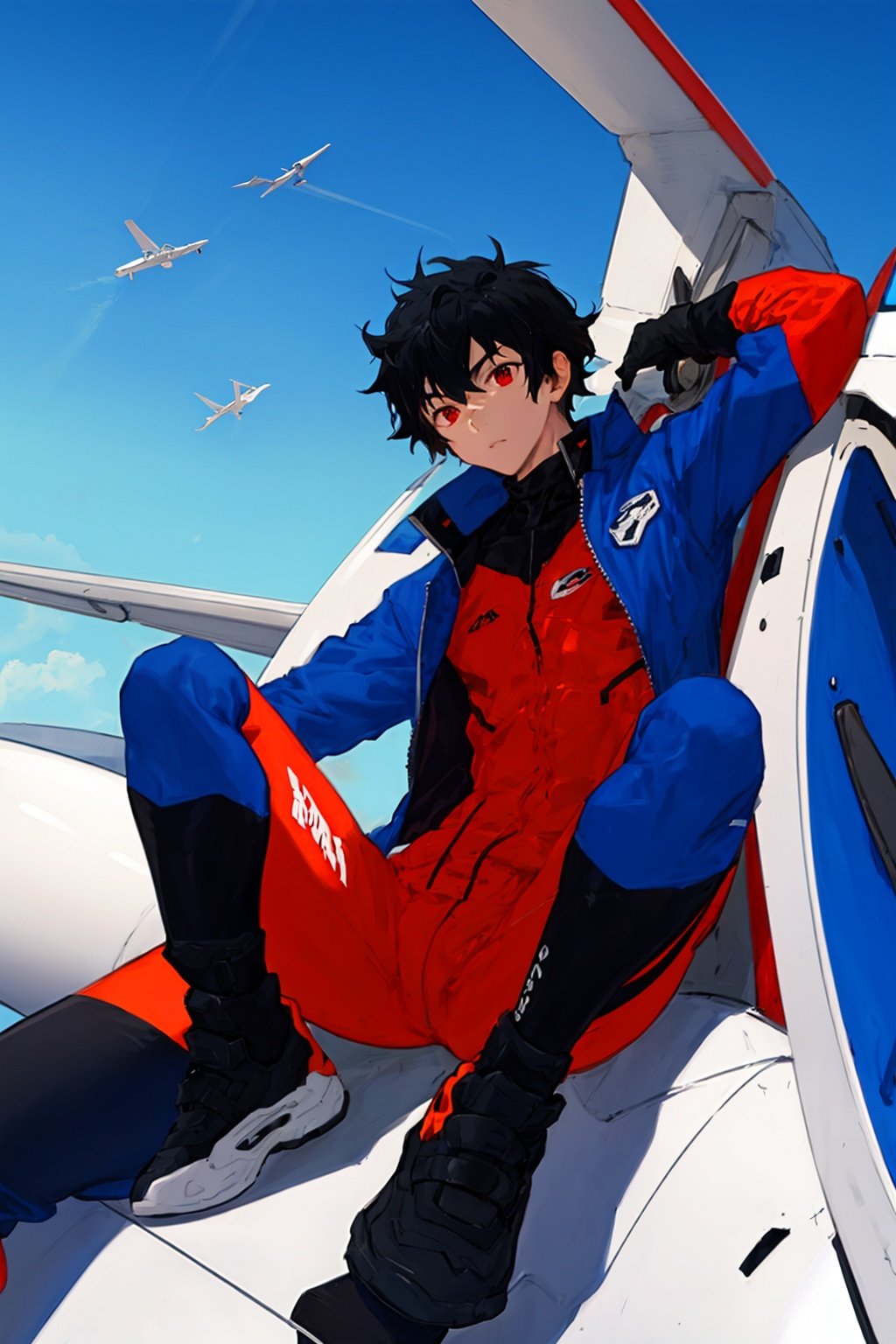 solo, male ,blue jacket,1boy,shota,black hair,red eyes,sqautting,spread legs,sky,flight_suit