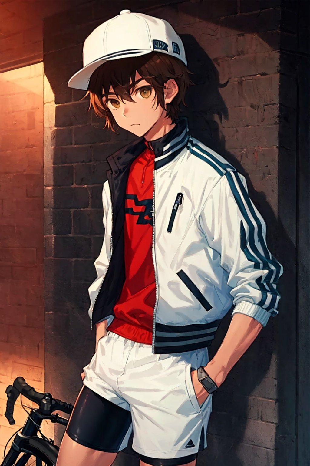 masterpiece, best quality, dusk, artbook, game_cg, boy, solo, male, brown hair, white eyes, hat, bike_shorts, jacket