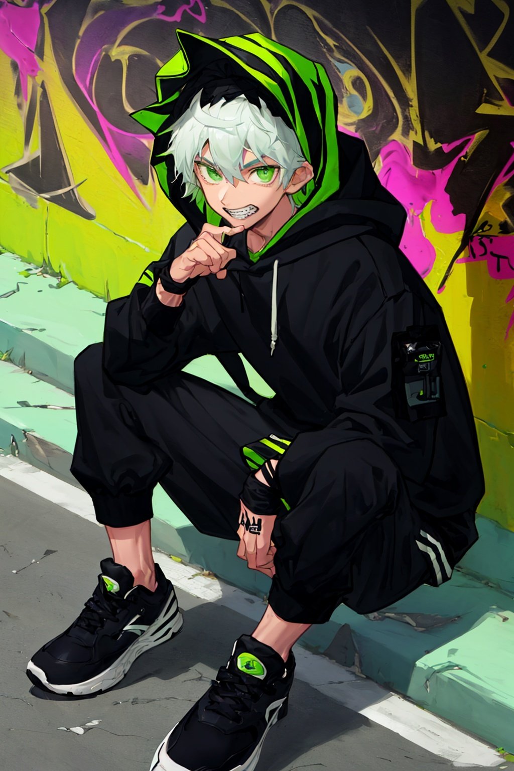 1boy,solo,green eyes, solo, looking at viewer, smile, 1boy, gloves, sitting, male focus, shoes, teeth, pants, hood, hoodie, black gloves, headband, wristband, sneakers, graffiti, black jacket, black pants, school uniform
Negative prompt: girl,(bad fingers, bad hands, missing fingers:1.4)