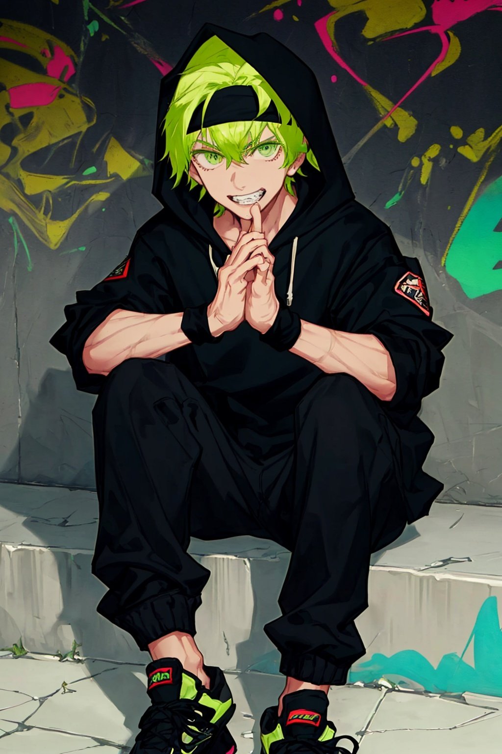 1boy,solo,green eyes, solo, looking at viewer, smile, 1boy, gloves, sitting, male focus, shoes, teeth, pants, hood, hoodie, black gloves, headband, wristband, sneakers, graffiti, black jacket, black pants, school uniform
Negative prompt: girl,(bad fingers, bad hands, missing fingers:1.4)